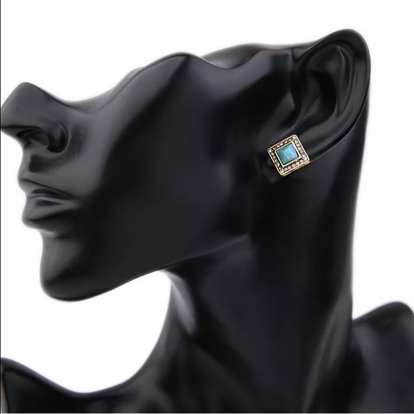 TURQUOISE, MARBLE & GOLD STUD EARRINGS SET - Picture 2 of 4