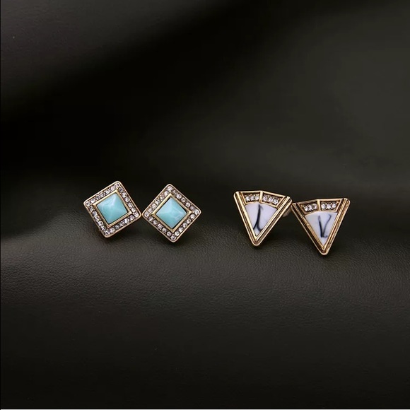 TURQUOISE, MARBLE & GOLD STUD EARRINGS SET - Picture 4 of 4