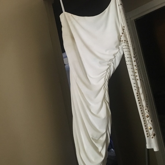 off shoulder white and gold dress