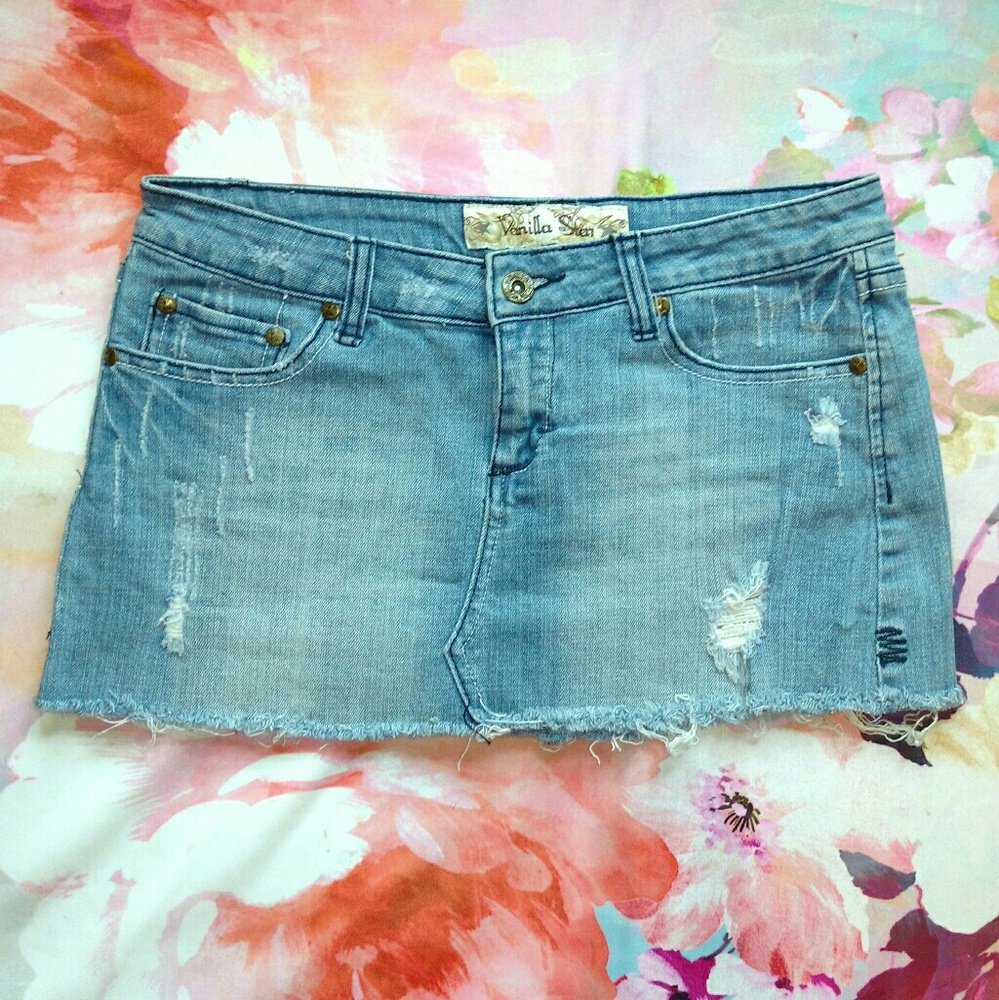 Vanilla Star Distressed Denim Cut Off Mini Skirt