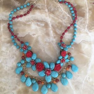 Turquoise Flower and Bead Statement Necklace