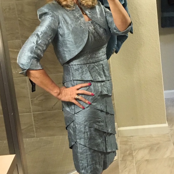 R&M Richards 2pc Tiered Embellished Slate Dress