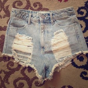 High rise waisted light wash cut off shorts
