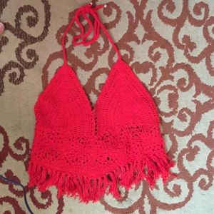 Red crochet fringe tie back crop top