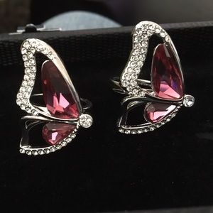 Pink Swarovski Crystal Silver Butterfly Wing Ring