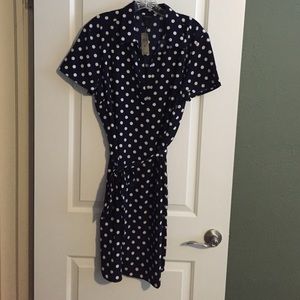 Navy and white short sleeve polkadot shirt dress