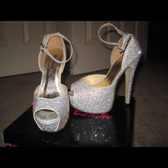 Silver sparkly ankle strap heels