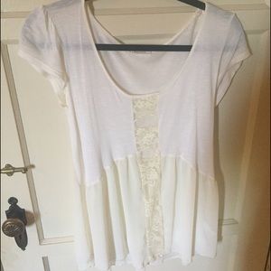 White cotton/lace panel short sleeve shirt