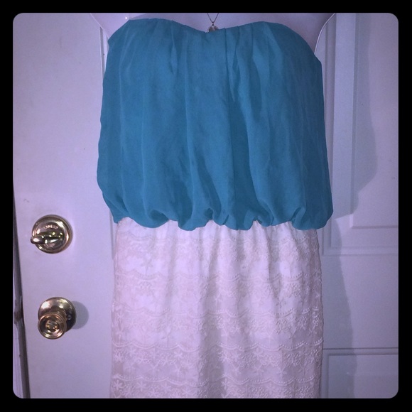 Strapless teal & cream lace dress