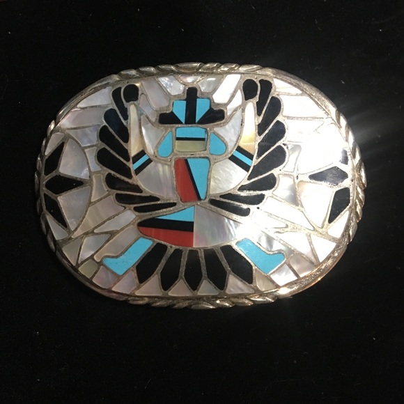 Zuni Inlaid Birdman Sterling Silver Belt Buckle - Picture 2 of 3