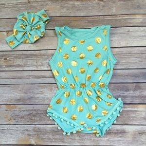 Green Romper With Gold Polka Dots