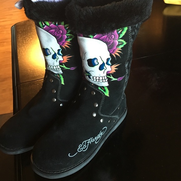 Ed Hardy black furry boots size 10