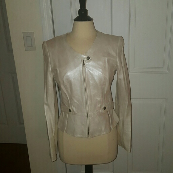 David Meister Pearl White Leather Jacket Sz 8