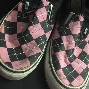 Black Pink & White Argyle Vans Slip-ons