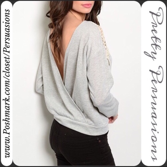 SALE Gray Crochet Trim Twisted Scoop Back Sweater - Picture 2 of 4