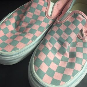 Pink and Gray Checkered Vans Slip-ons