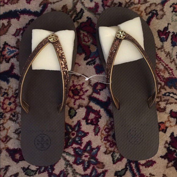 Tory Burch Adia Brown Glitter Flip Flops