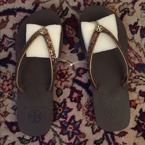 Tory Burch Adia Brown Glitter Flip Flops