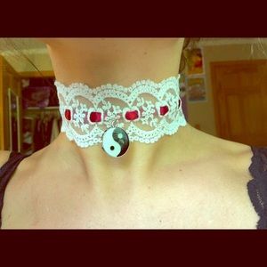 white lace & red satin ying yang choker
