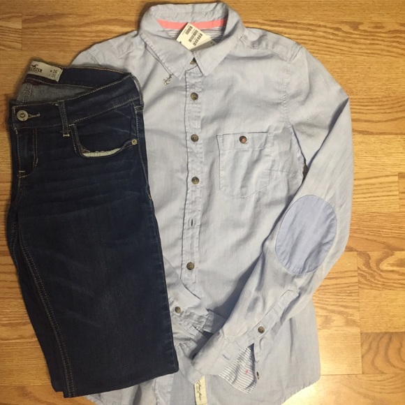 NWT H&M Blue button down w/ elbow patches - Picture 1 of 4