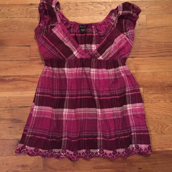 Purple plaid Empire waist top with gold shimmer