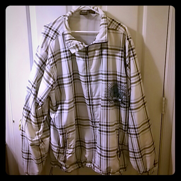 Men's white, brown, blue checkered jacket