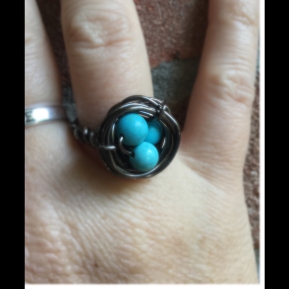 Hand crafted wire and turquoise birds nest ring.