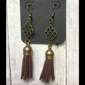 Antique brass and Leather tassel earrings