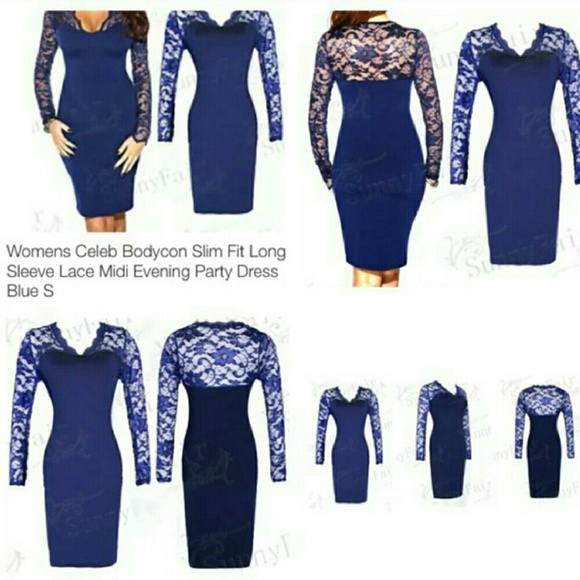 Blue Bodycon Lace slim Fit Midi Dress + G-String