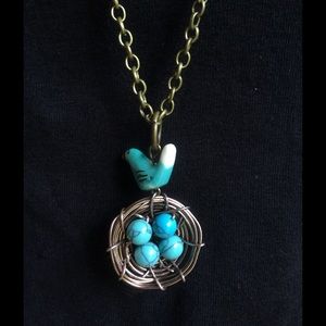 Bird's nest, turquoise beads, & bird necklace