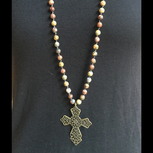 Stone and leather necklace with filagree cross