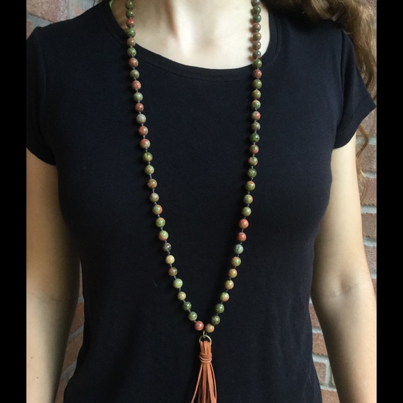 Natural stone and leather tassel necklace