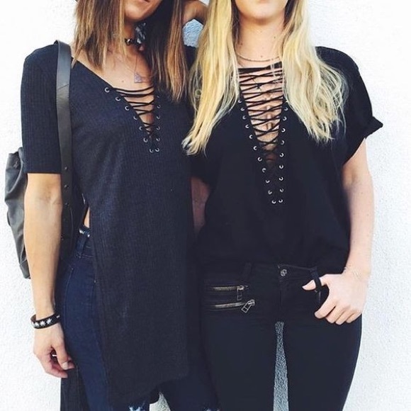 *LAST* Black Lace Up Tee - Picture 2 of 4