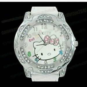White Hello Kitty Face Crystal Bow Wrist Watch