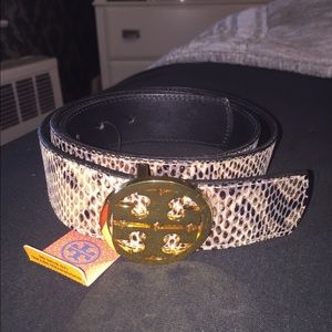 Tory Burch reversible logo belt in black/snake