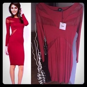 #Asos midi bodycon dress with sheer detail - Berry