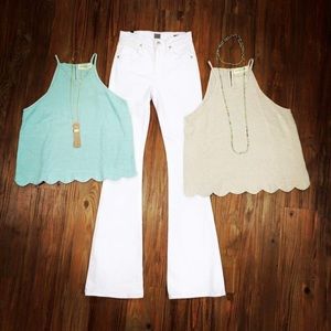 NWT linen blend scalloped teal aqua top sz medium