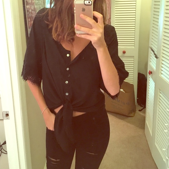 Black, lacy tie blouse.