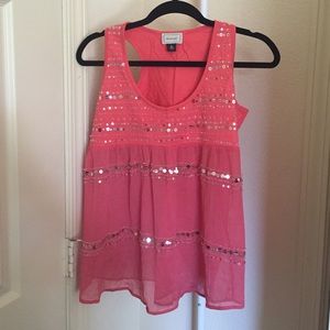 Coral sheer sequined flowy top