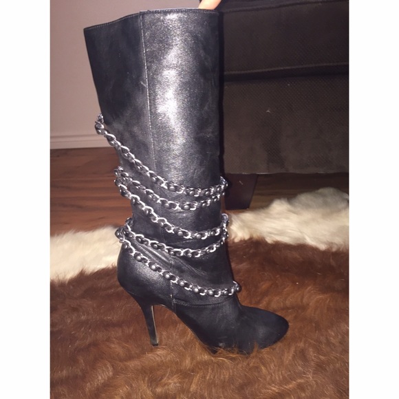 Aldo black, chain high heel boots
