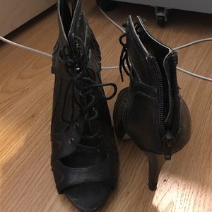 Lace up black peep toe heels