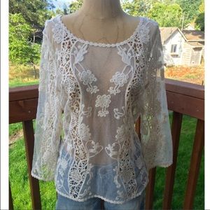 Lace tunic top, hippy boho, ivory Medium