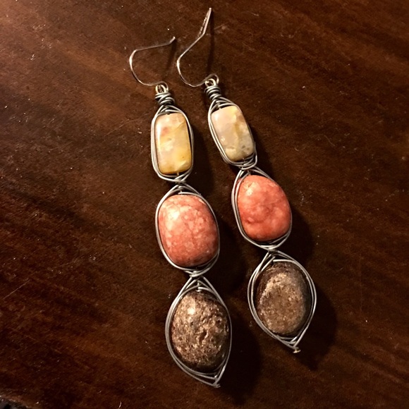 Handmade stone bead wire wrap earrings