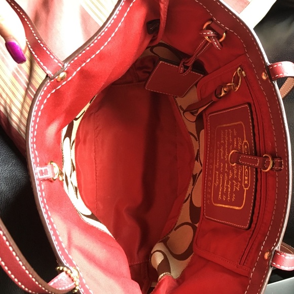 SOLD!!  Coach Signature Stripe Red/Brown Tote - Picture 3 of 4