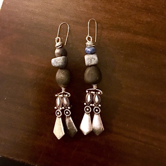 Handmade stone bead and silver dangle earrings