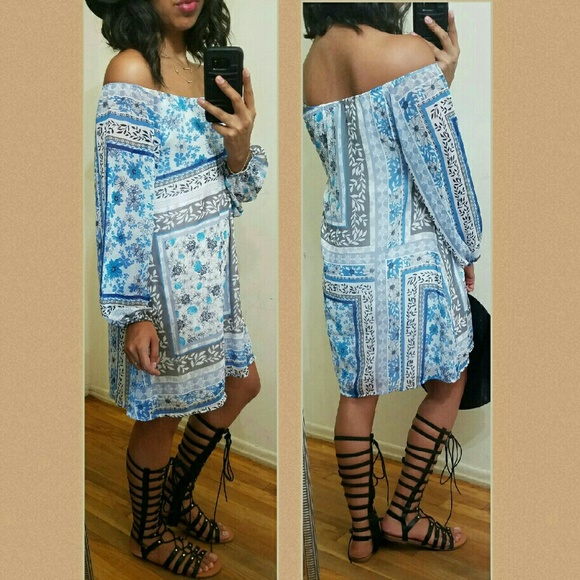 🌺BOGO🌺BLUE FLORAL OFF SHOULDER  DRESS - Picture 2 of 4