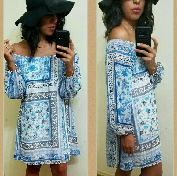 🌺BOGO🌺BLUE FLORAL OFF SHOULDER  DRESS - Picture 3 of 4