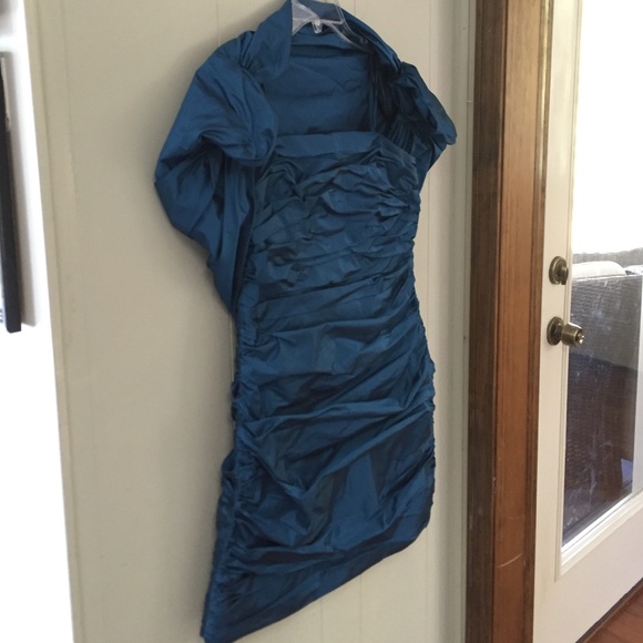 Blue ruched cocktail dress