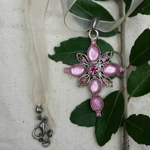 Sweet Pink Rhinestone Cross Ribbon Necklace