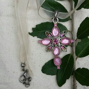Sweet Pink Rhinestone Cross Ribbon Necklace
